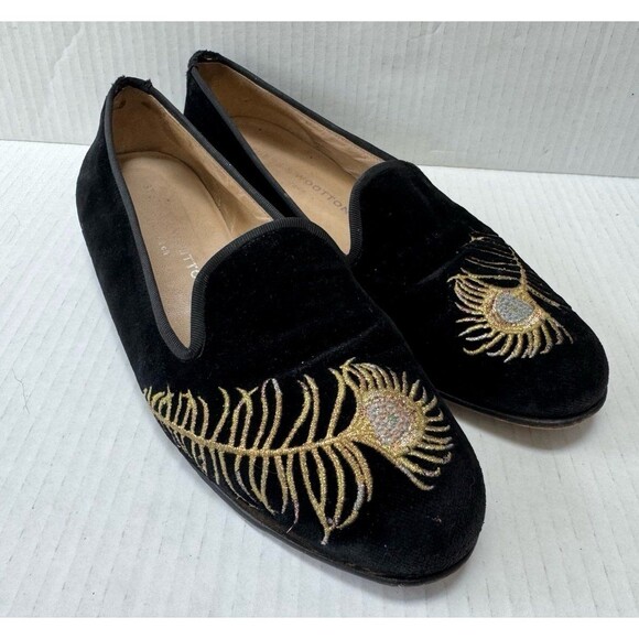 STUBBS & WOOTTON Womens Black Velvet Feather Slip-On Loafers SIZE 7 8 - Picture 1 of 6